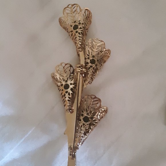 Green Cabochon Gold Tone Filigree Pin Brooch - Picture 6 of 6